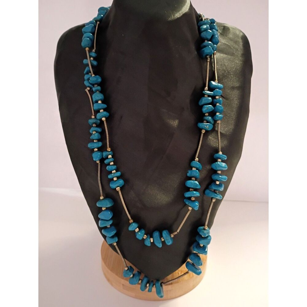 Navajo Style Necklace features Blue Painted Stones and Spring Metal Spacers